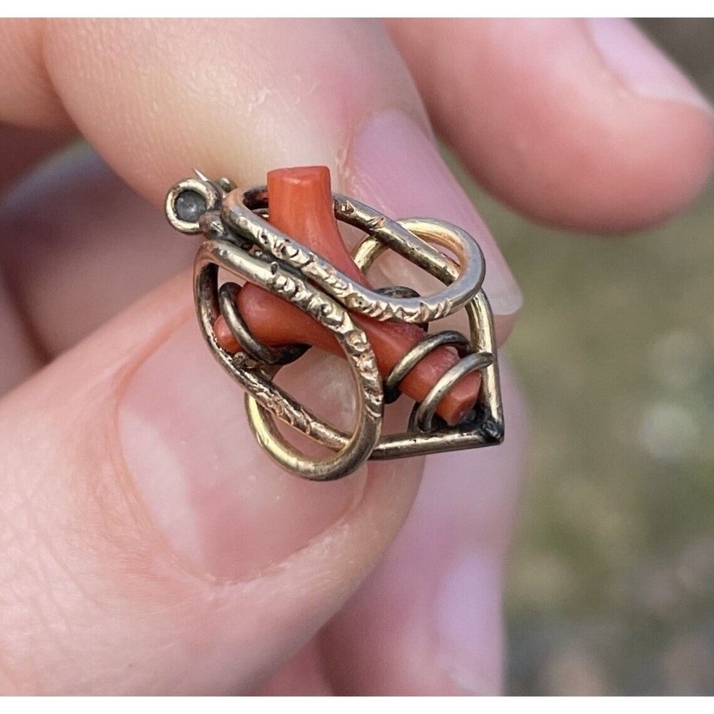 Antique Victorian 9 KT Gold & Natural Coral Branch Pin Brooch Jewelry 19th C.